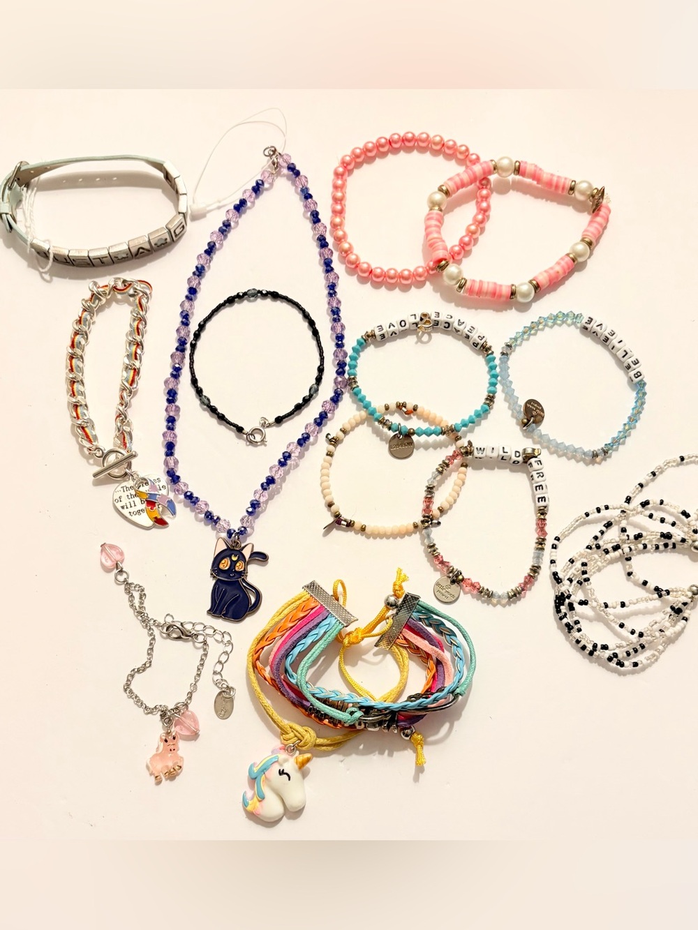Assorted Bundle of 13 Beaded & Charm Bracelets - Pink, Turquoise, Purple, Black